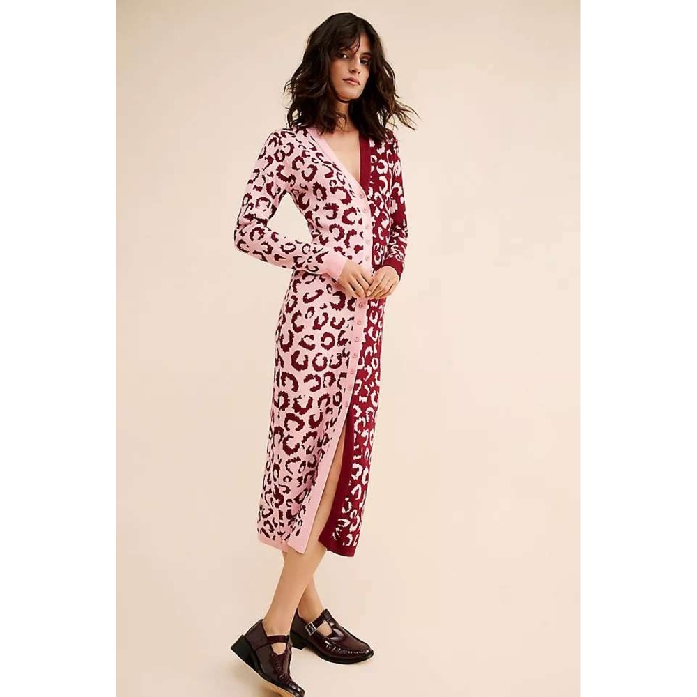 Farm Rio Mixed Leopard Sweater Dress Medium Pink Burgundy Button Front Maxi Chic